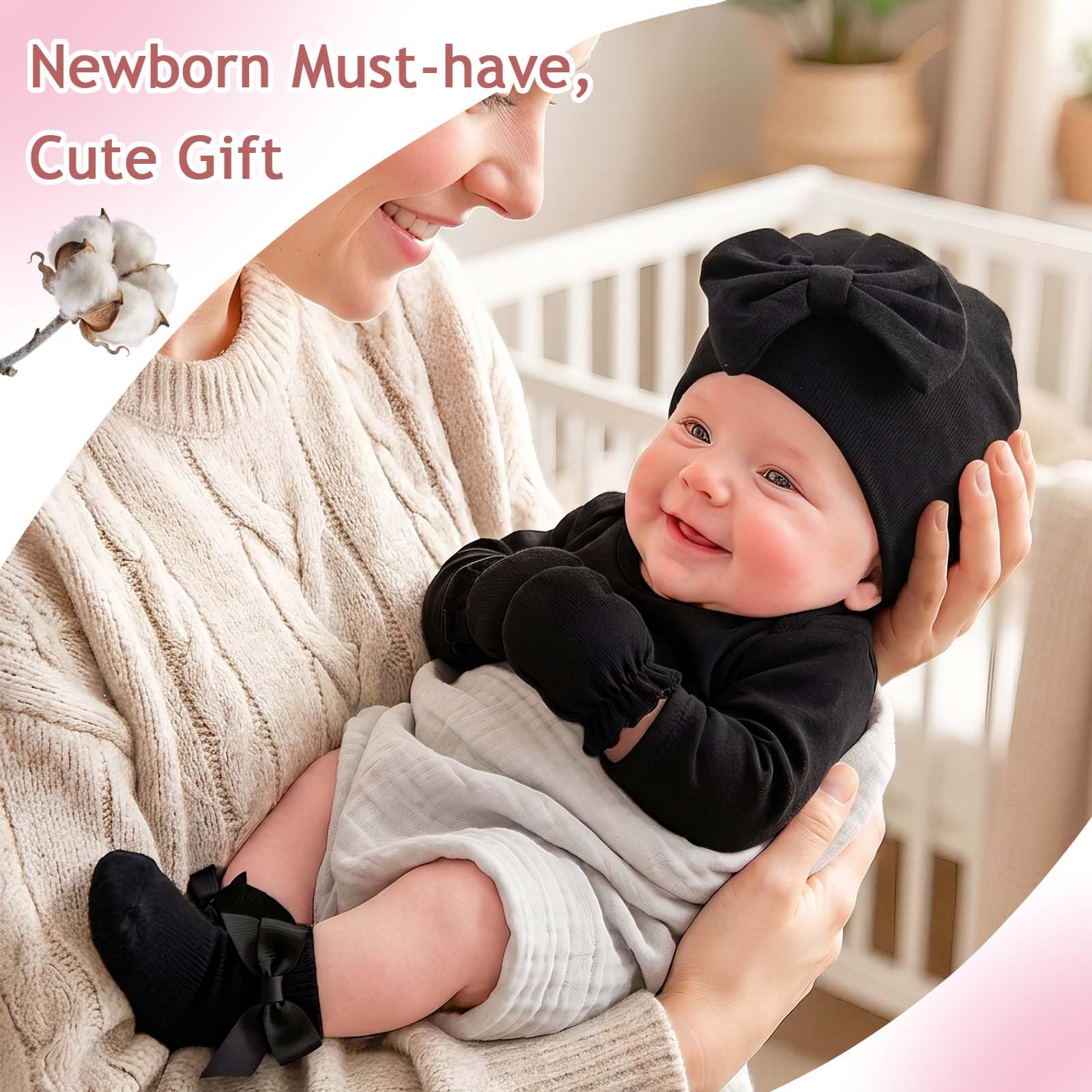Frühchenmütze, Fäustlinge und Socken, 6 Stück, Baumwollschleifen-Kappen und kratzfeste Frühchen-Fäustlinge für Babys und Mädchen