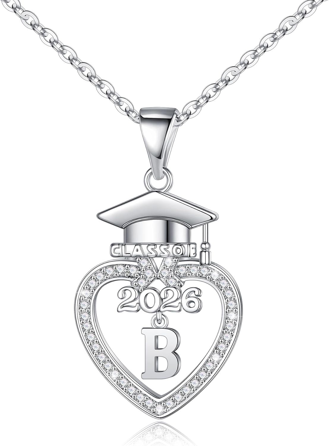 Turandoss Graduation Gifts for Her 2026-14K White Gold Plated Initial Necklace Dainty CZ Heart Pendant Silver Initial Necklaces for Women Friends Class of 2026 Friendship Graduation Gifts for Her