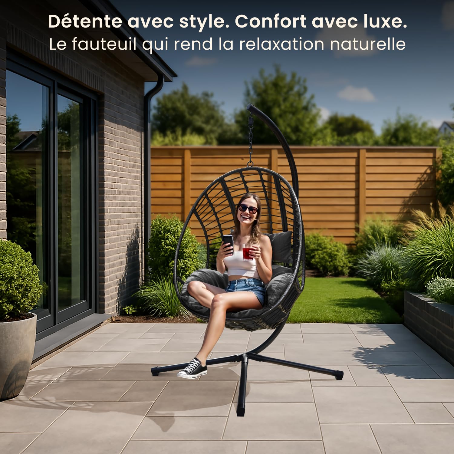 Swoods Fauteuil Suspendu Egg XXL - Chaise Suspendue avec Support - pour Intérieur et Extérieur - INCL. Oreillers - Chaise Egg - Cocoon - Chaise Oeuf - Jusqu'à 150kg (Gris foncé)