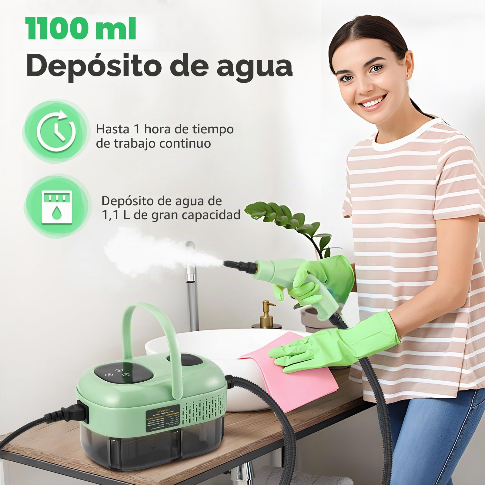 Limpiador a vapor portátil de 2500 W, 1100 ml, limpiador a vapor de alta presión con 3 cabezales de cepillo, limpiador a vapor de mano multifuncional para muebles de cocina, baño, coche (verde nuevo)