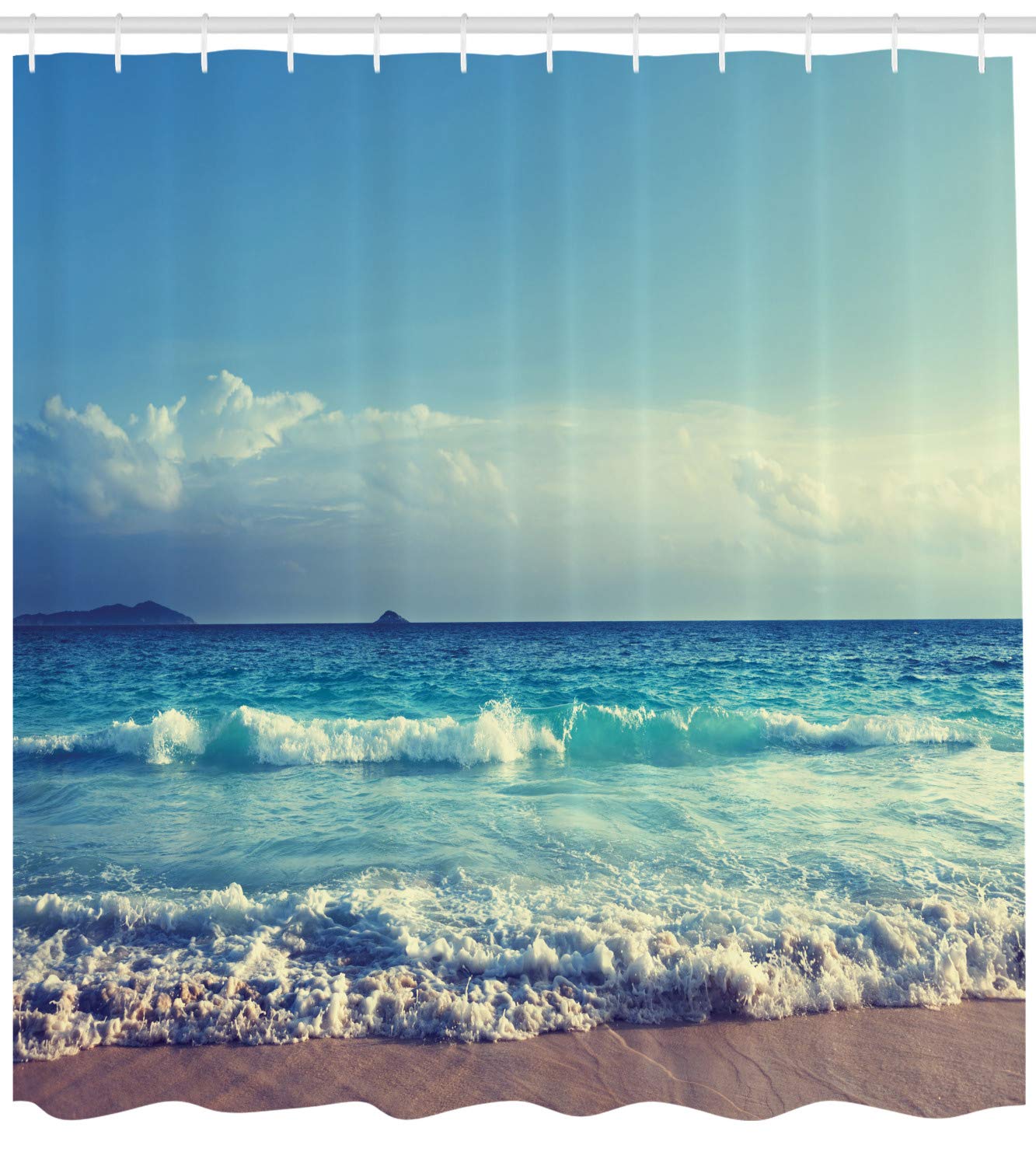 ABAKUHAUS Tropical Island Shower Curtain, Ocean Waves on Seychelles Beach at the Sunset Time Skyline - Image 2