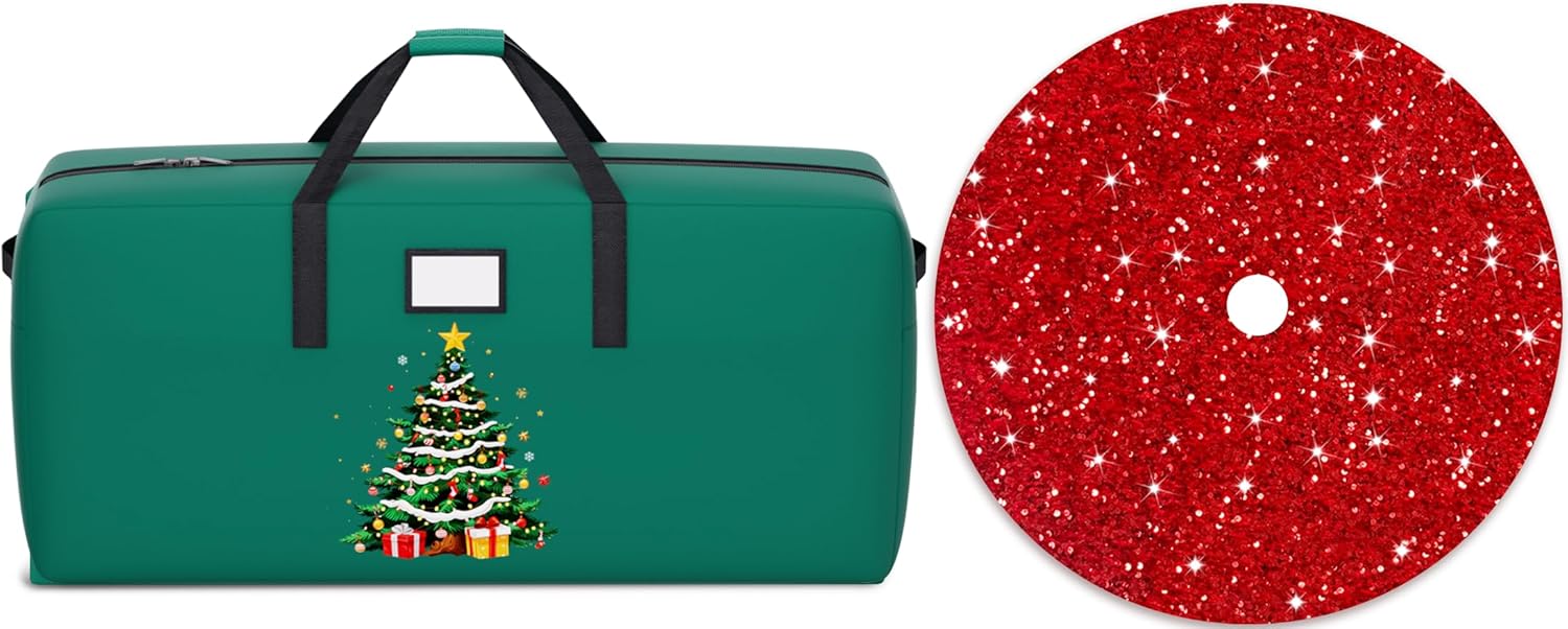 Red Christmas Tree Skirt Sequin Tree Skirt 36 inch Velvet Xmas Tree Skirt Green Heavy Duty Christmas Tree Storage Bag 7.5 Foot Tree 600D Oxford Fabric Xmas Tree Bag for Holiday Party Decor