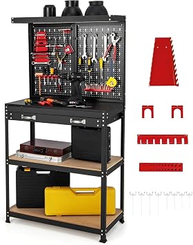 COSTWAY Workbench with Pegboard, Metal Garage Work Bench with 13 Hanging Accessories & Drawer, Heavy Duty Tool Storage Workstation Unit for Workshop Warehouse, 81x41x156cm, 290kg Capacity Red+Black