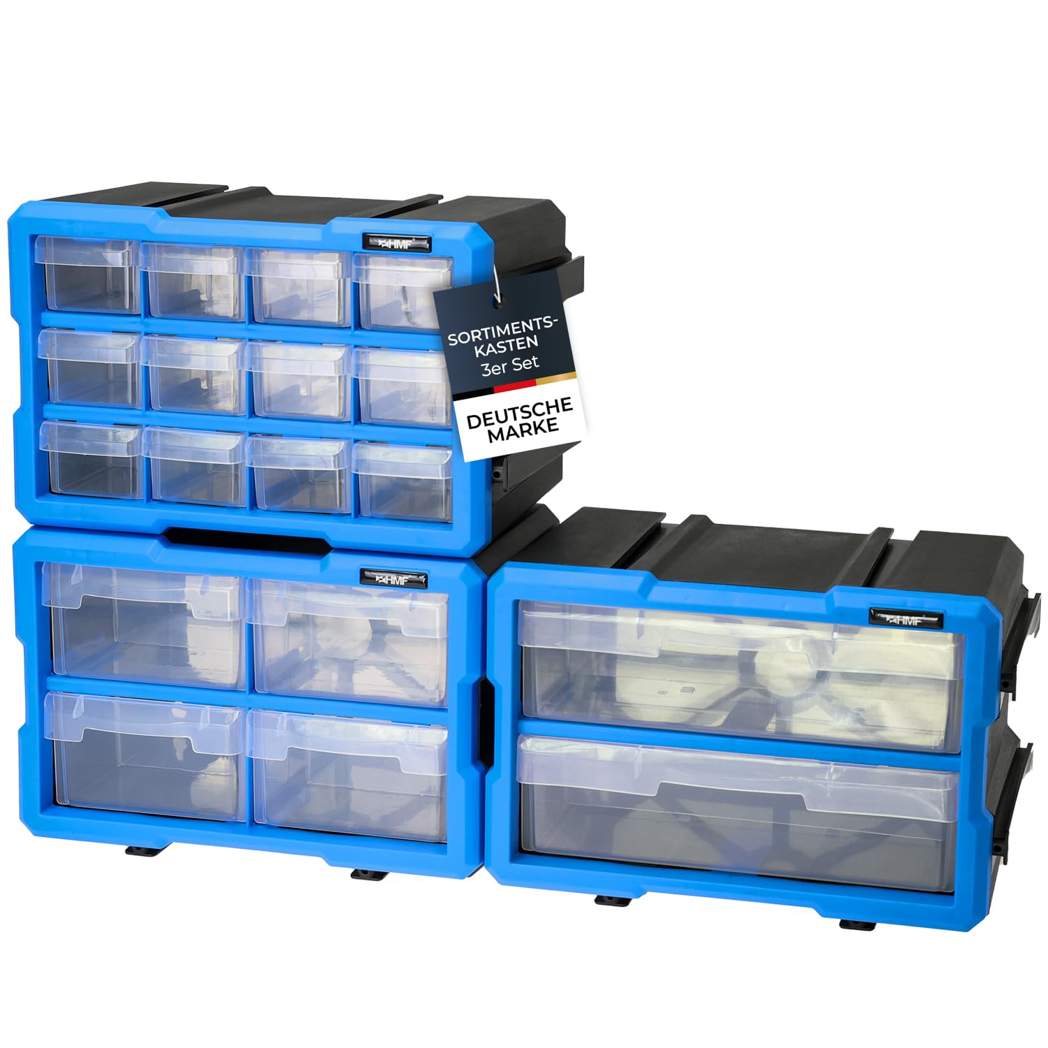 HMF Sortierbox für Kleinteile mit Schubladen, 3er Set, erweiterbarer Sortimentskasten für Schrauben und Werkzeug | 36 Fächer | 29,5 x 19,5 x 16 cm | Blau-Schwarz