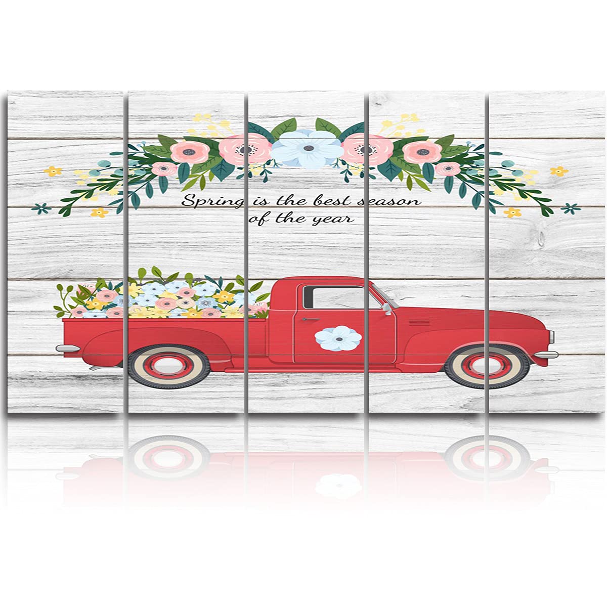 Canvas Wall Art 5 Piece Large Print Painting Spring is the best season of the year Red Car Wood Grain Picture Framed Abstract Artwork,Modern Home Office Livingroom Bedroom Decor,10