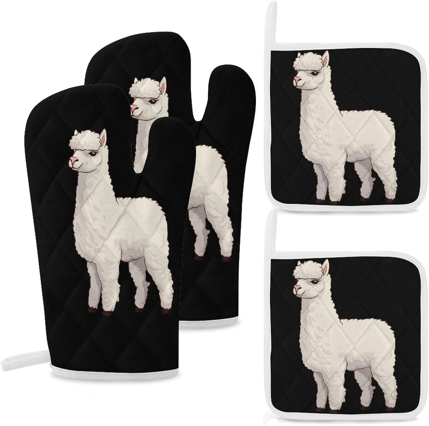 Funny Alpacas 4 Pcs Oven Mitts and Pot Holders Set High Heat Resistant Long Kitchen Oven Glove Potholders