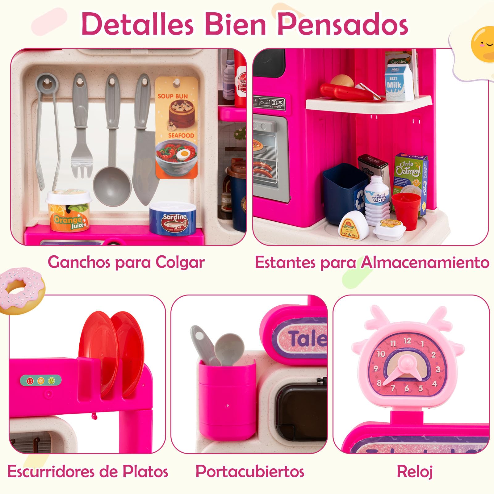 GOPLUS Cocina de Juguete para Niños, Cocinita Infantil con Fogones, Frigorífico, Microondas, Fregadero, Grifo, Vapor, Sonido y Luz, Juego de rol con 54 Accesorios para Niños de 3+ Años (Rosa)