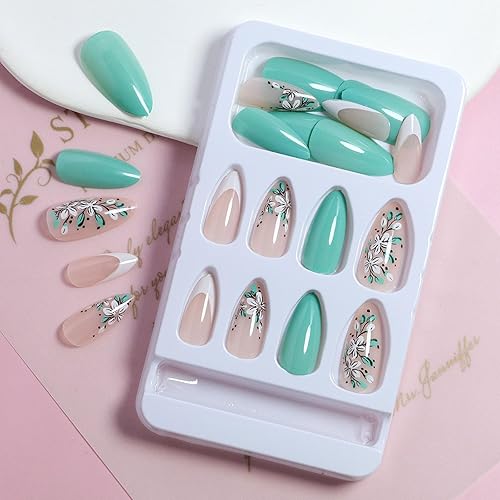 Miniatura 83 de Uñas postizas medianas a presión con lazos 3D, diseño de diamantes de imitación, punta francesa, pegamento brillante en las uñas acrílicas blancas