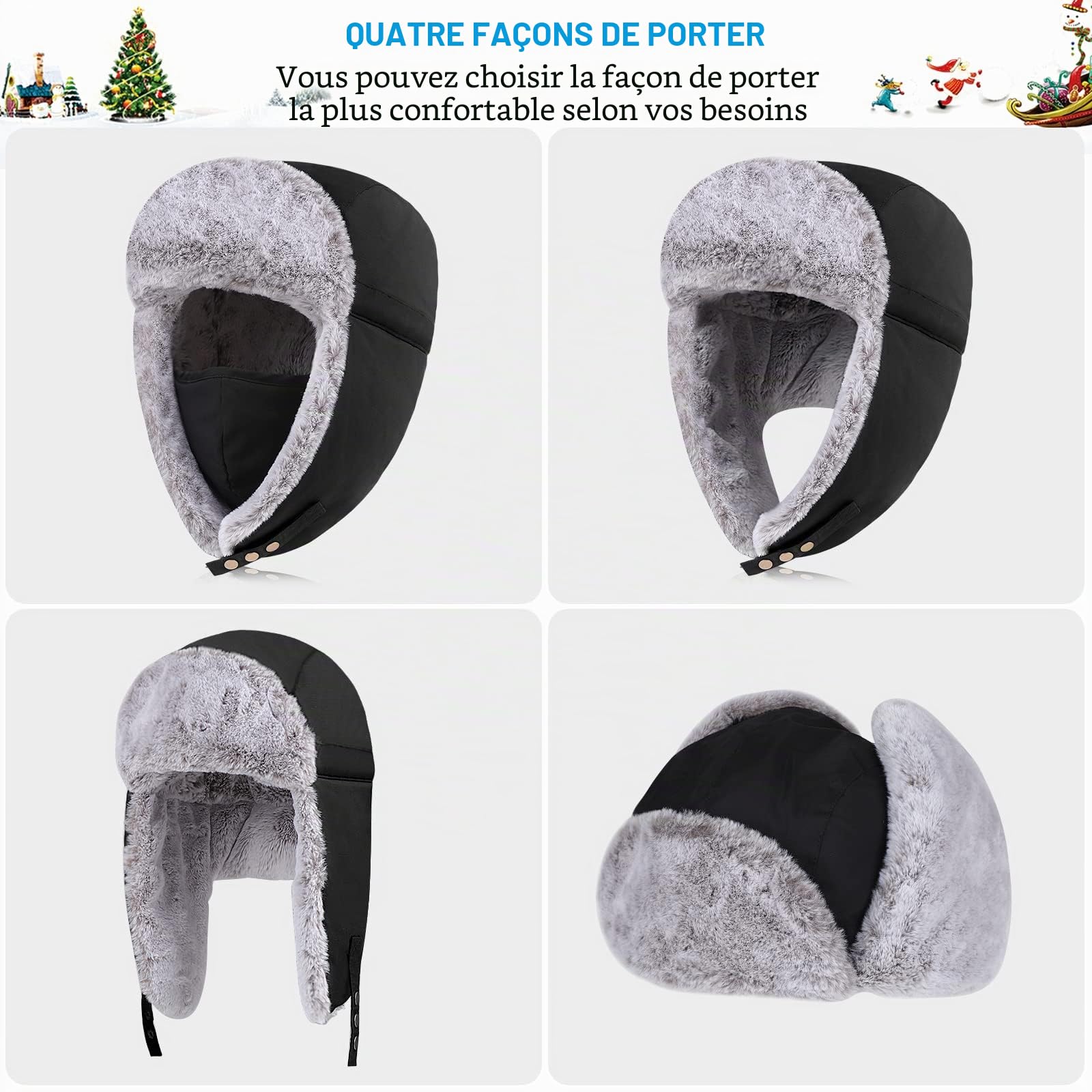 Chapka d’Hiver Chapeau de Trappeur Chaud Bonnet de Russe Bonnet Aviateur avec Masque Amovible Confortable Coupe-Vent Anti-poussière Étanche pour Ski, Ushanka Chapeau de Chasse Russe