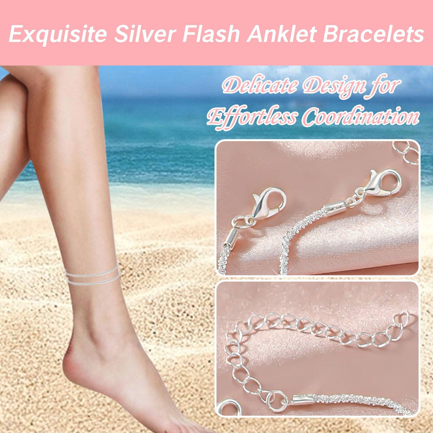 Pulseras de pie de playa con diamantes para mujer, pulseras de plata de ley 925 con diamantes de imitación, tobilleras ajustables e impermeables para playa, pulseras grandes para mujer, Zinc, 4