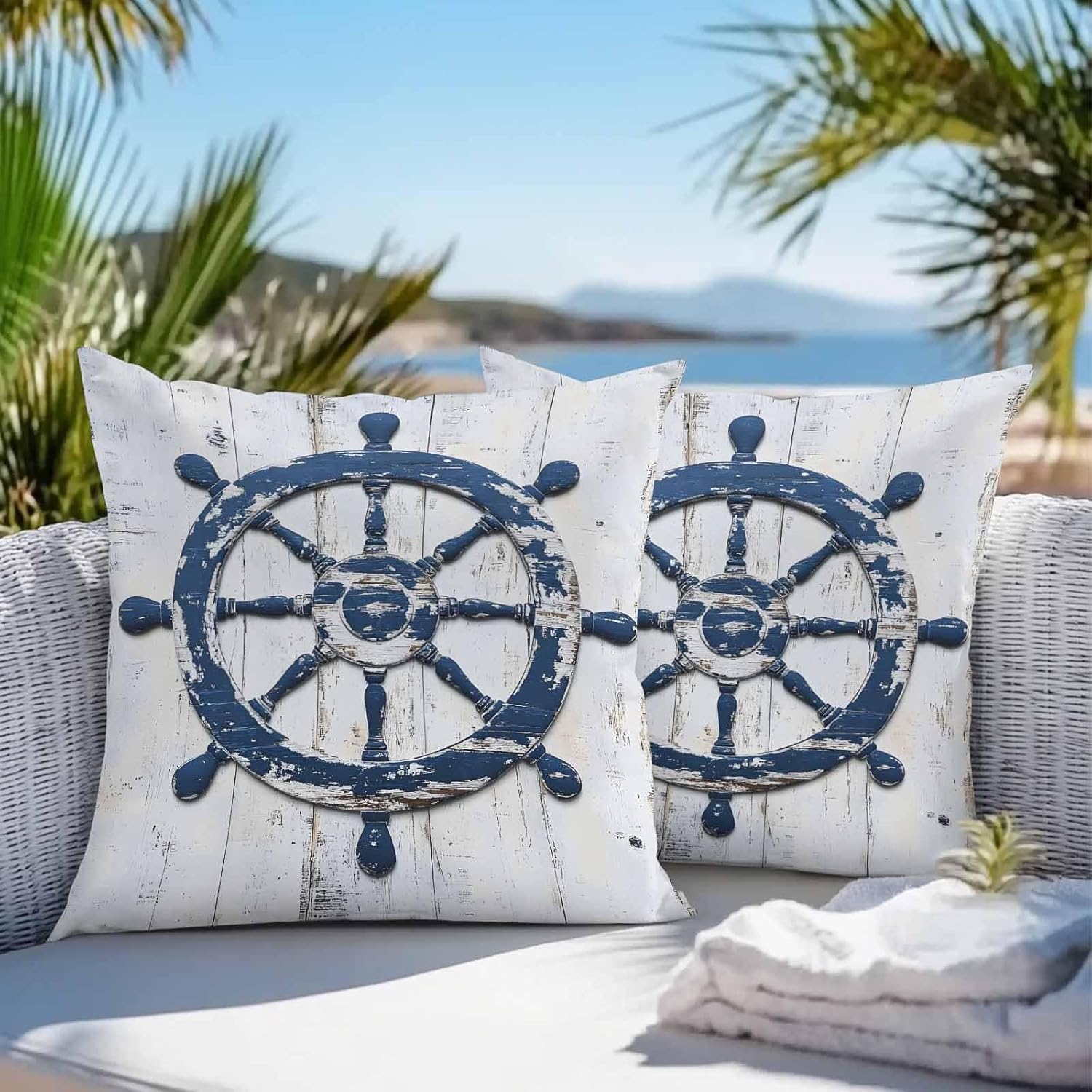 Retro Nautical Rudder Outdoor Pillow Covers 20x20in Pack of 2 Waterproof Pillowcase Coastal Ocean Theme Vintage Wood Plank Decorative Throw Cushion Case for Patio Couch Sofa