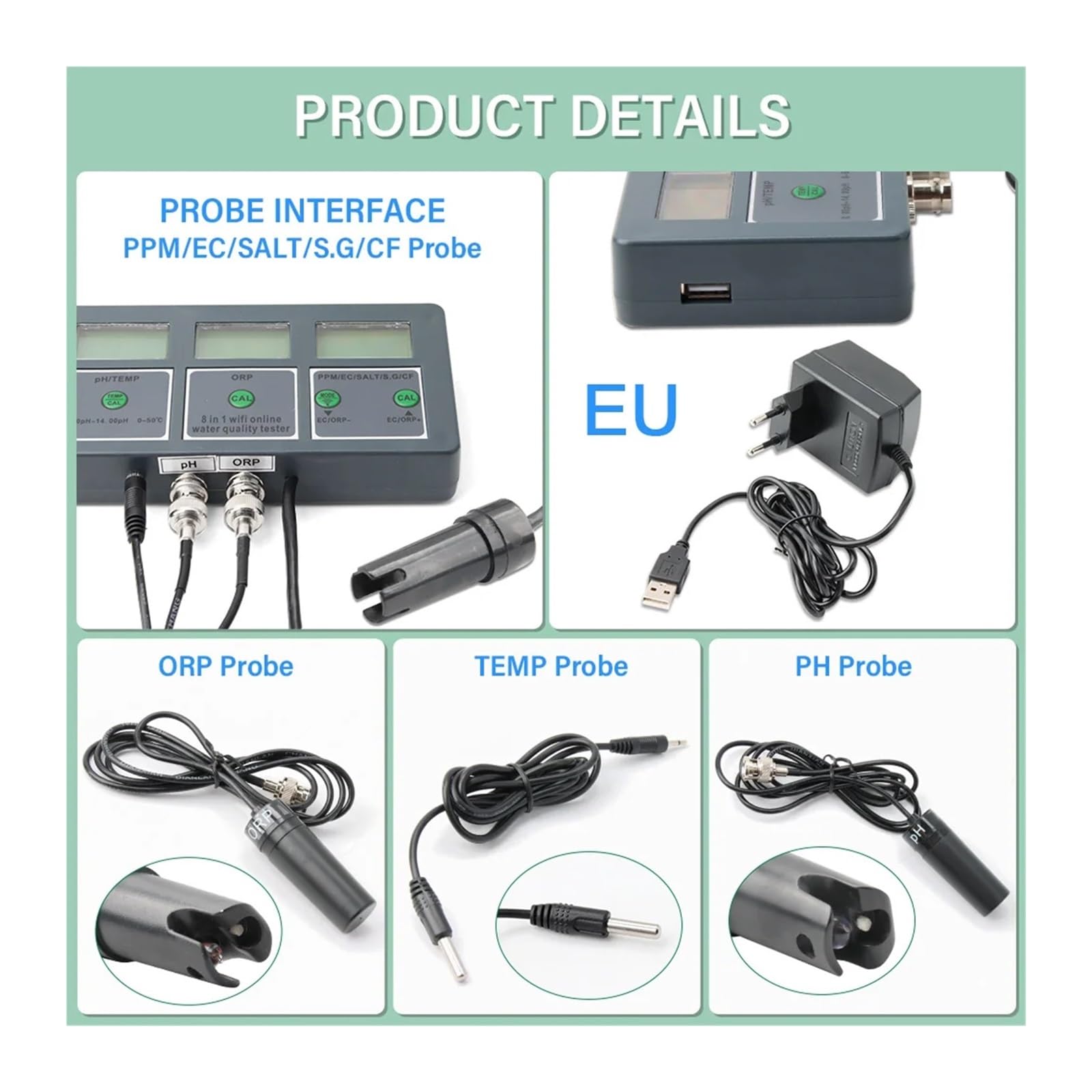 Kit de análisis de suelo, Medidor de calidad del agua for acuario Tuya con WiFi 8 en 1, medidor intelinte de pH, ORP/TDS/EC/SALT/TEMP, monitor for agua potable y piscina.