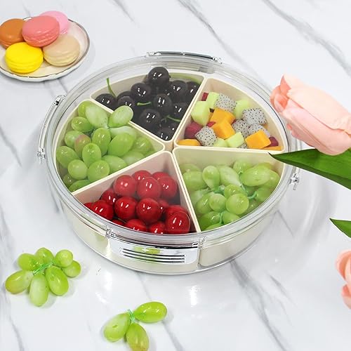 Miniatura 8 de Yuroochii Bandeja dividida redonda mejorada con tapas, contenedor de caja de aperitivos de 5 compartimentos, bandeja de frutas y verduras caja de
