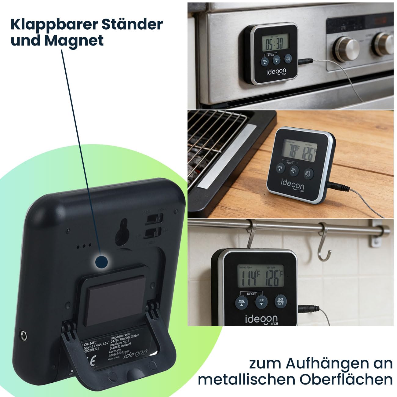 ideoon Digitales Fleischthermometer & Ofenthermometer mit Timer bis 300 Grad, Kabelgebundenes Braten- und Grillthermometer, für BBQ, Grill, Smoker, Backofen