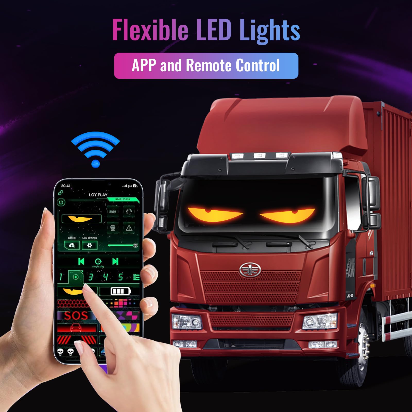 2 pezzi Devil Eyes Light for Cars Occhi per camion, Colorful Devil Eye Lamp Soft Screen for Car Window, display flessibile programmabile per auto con controllo APP e telecomando, 102 x 348 mm