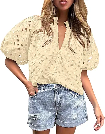 BETTE BOUTIK Women's Long Short Sleeve Tops 2025 Dressy Casual Button Hollow Out Lace Embroidered Blouses Shirts