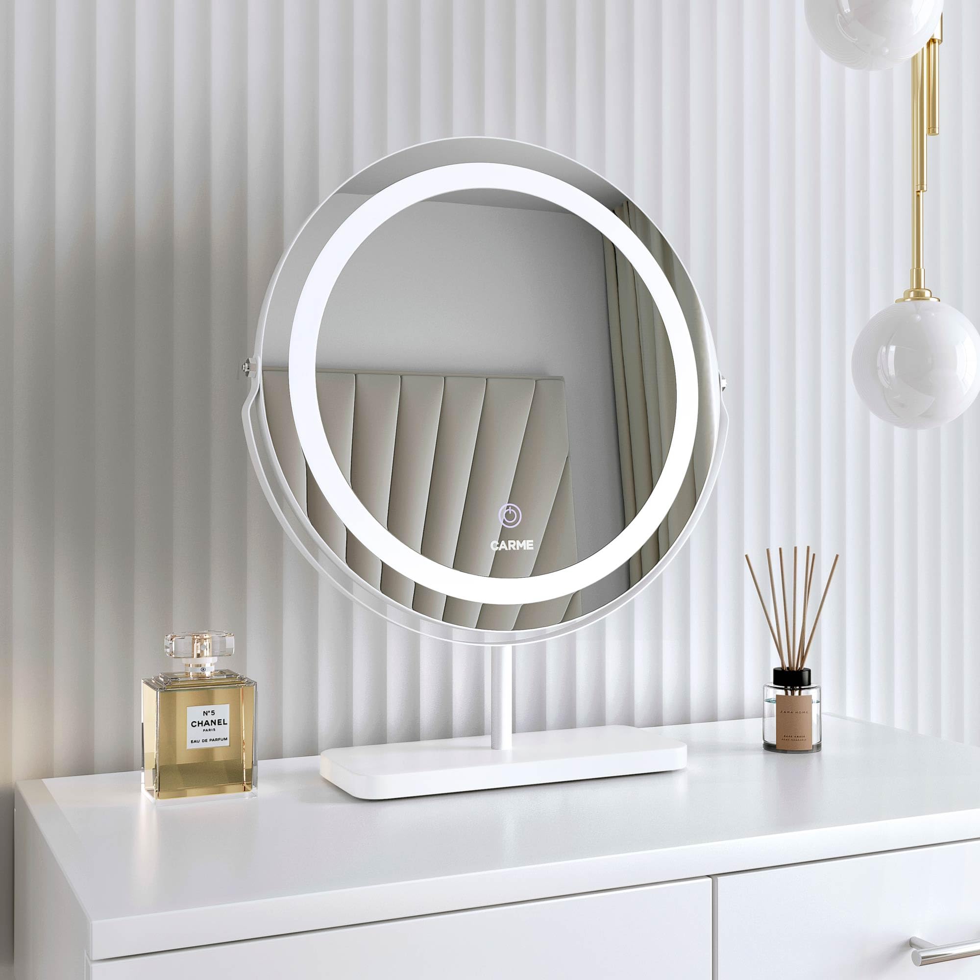 Fabs White Ava 3 Color Led Frameless Mirror With Marble Stand Smart Touch Control