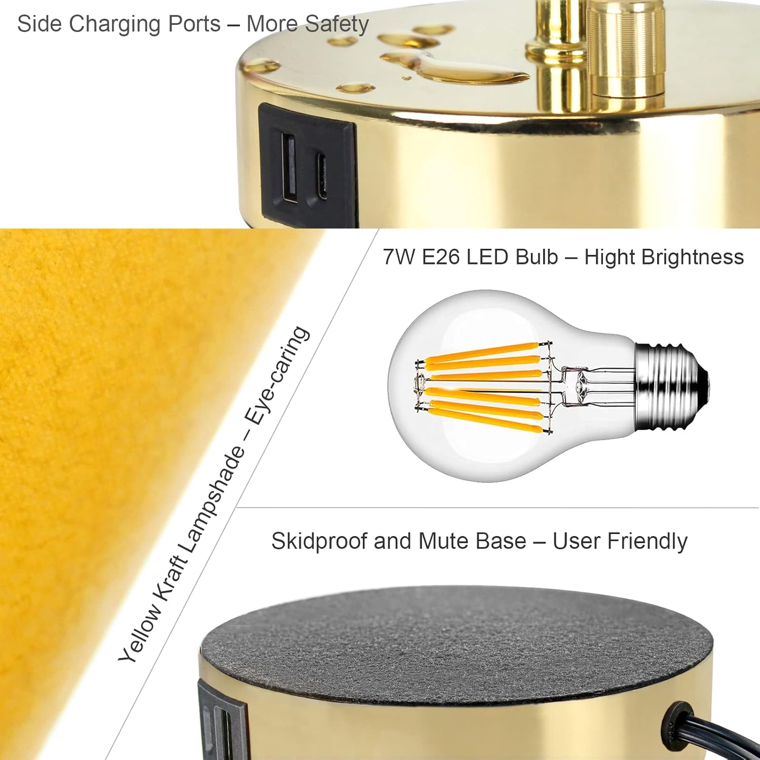 15.75"H Fully Dimmable Bedside Table Lamp with USB A+C Charging Ports & AC Outlet, Modern Gold Bedroom Nightstand Light Round, Desk Lamps for Home Office (7W 800LM E26 Bulb Included)