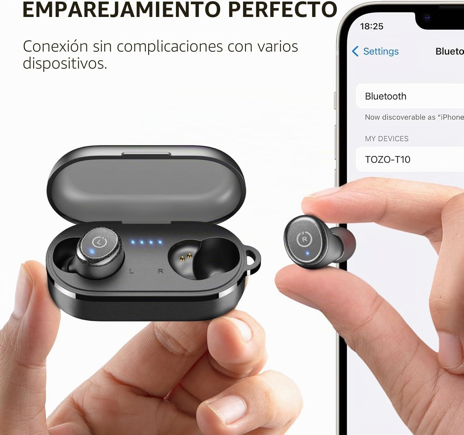 TOZO T10 Auriculares Inalámbricos Bluetooth 5.3 con Control Táctil ORIGX Acústico EQ Ajuste 45H Reproducción Soporta Carga Inalámbrica y USB Tipo C IPX8 Negro