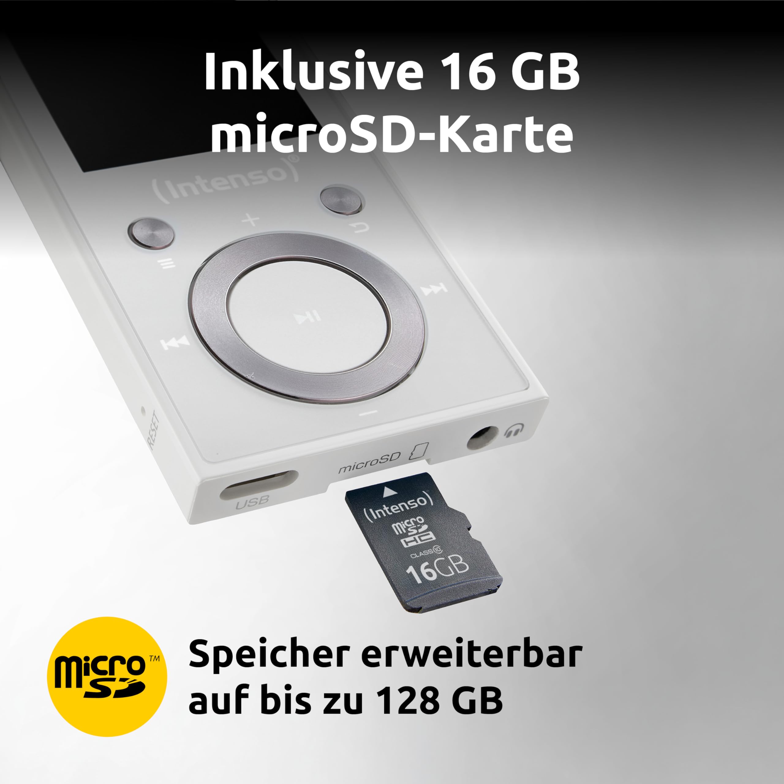 Intenso MP3 Player Video Scooter BT mit Bluetooth 5.0, 1,8 Zoll Farbdisplay, 16 GB microSD, USB-C, bis 18h Akku, inkl. Kopfhörer, weiß