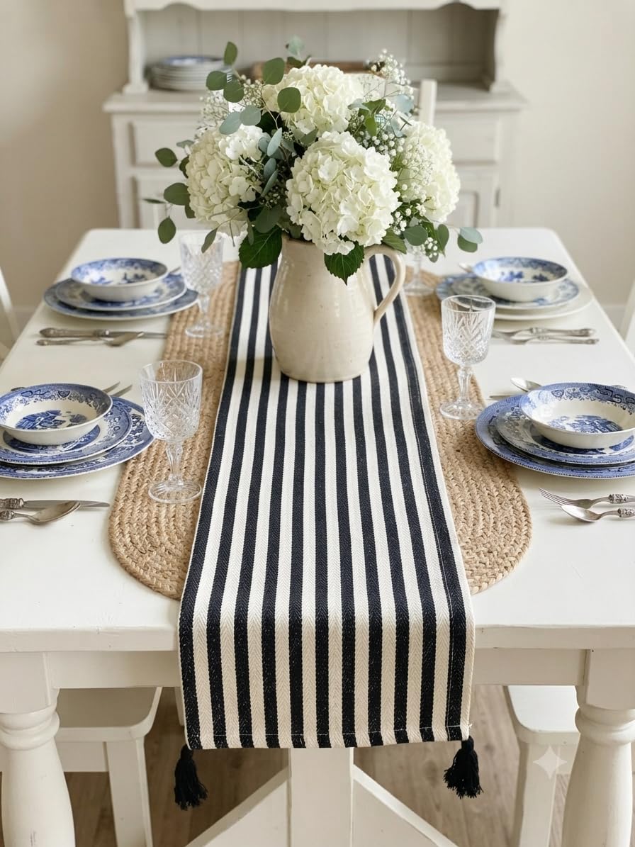 hakam cotton stripes table runner 14x72 inch | decorative runner for dining table, console & events | handcrafted table décor accent for home, parties & tablemats (white black)