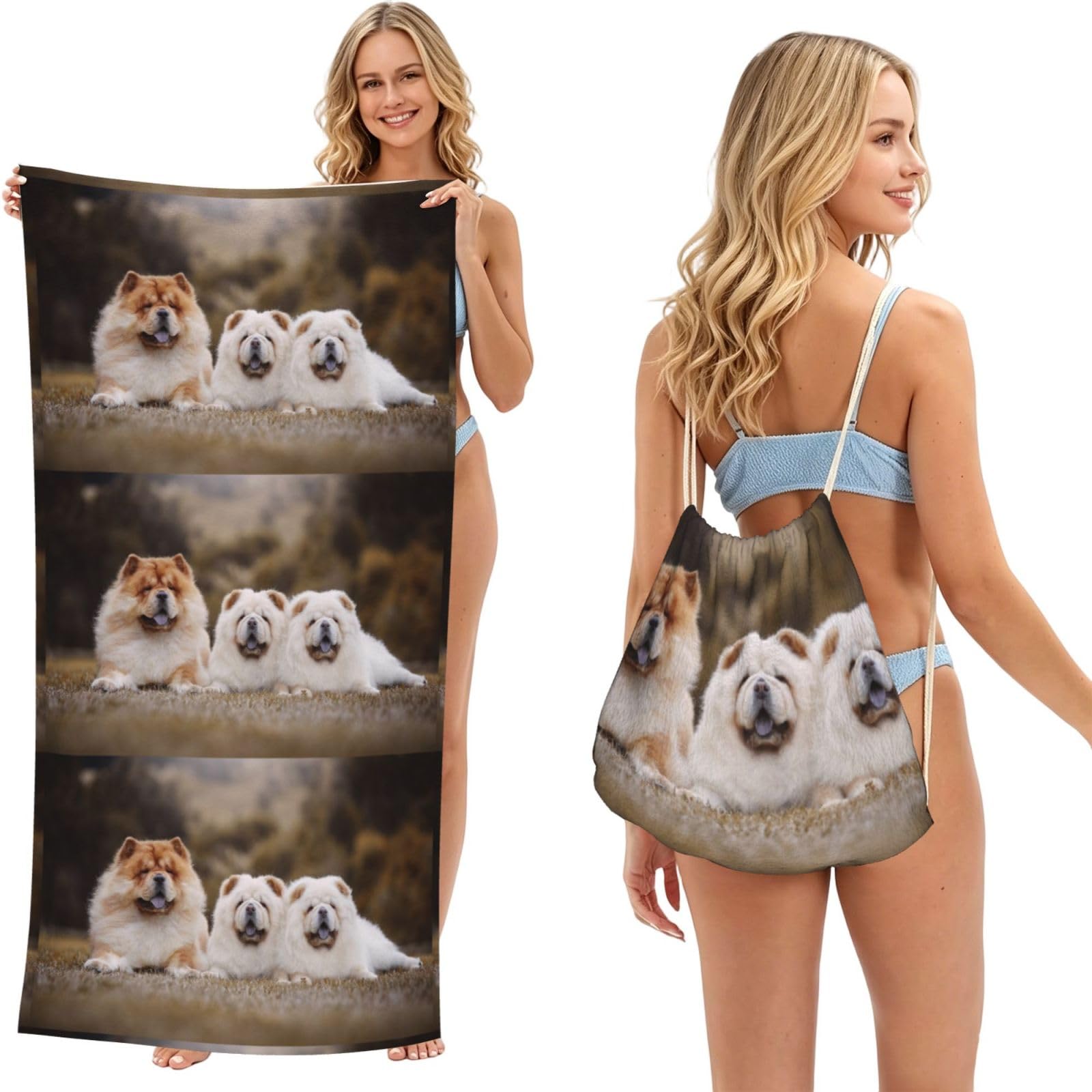 Poadnly As Picture Chow-Chow Family Little Fluffy Puppies, 2 In 1 Packable Towel Bag, Beach Towels With Drawstring Backpack For Travel Holiday Camping