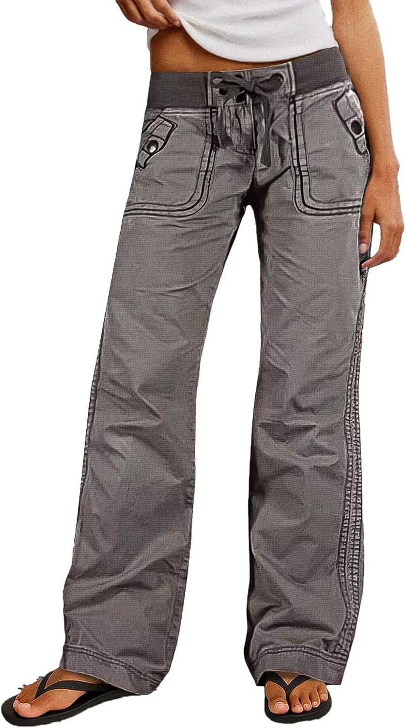 Flamingals Straight Leg Pants for Women Drawstring Waist Mid Rise Casual Solid Seam Detail Pants