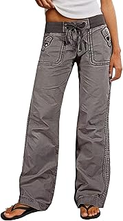 Flamingals Straight Leg Pants for Women Drawstring Waist Mid Rise Casual Solid Seam Detail Pants