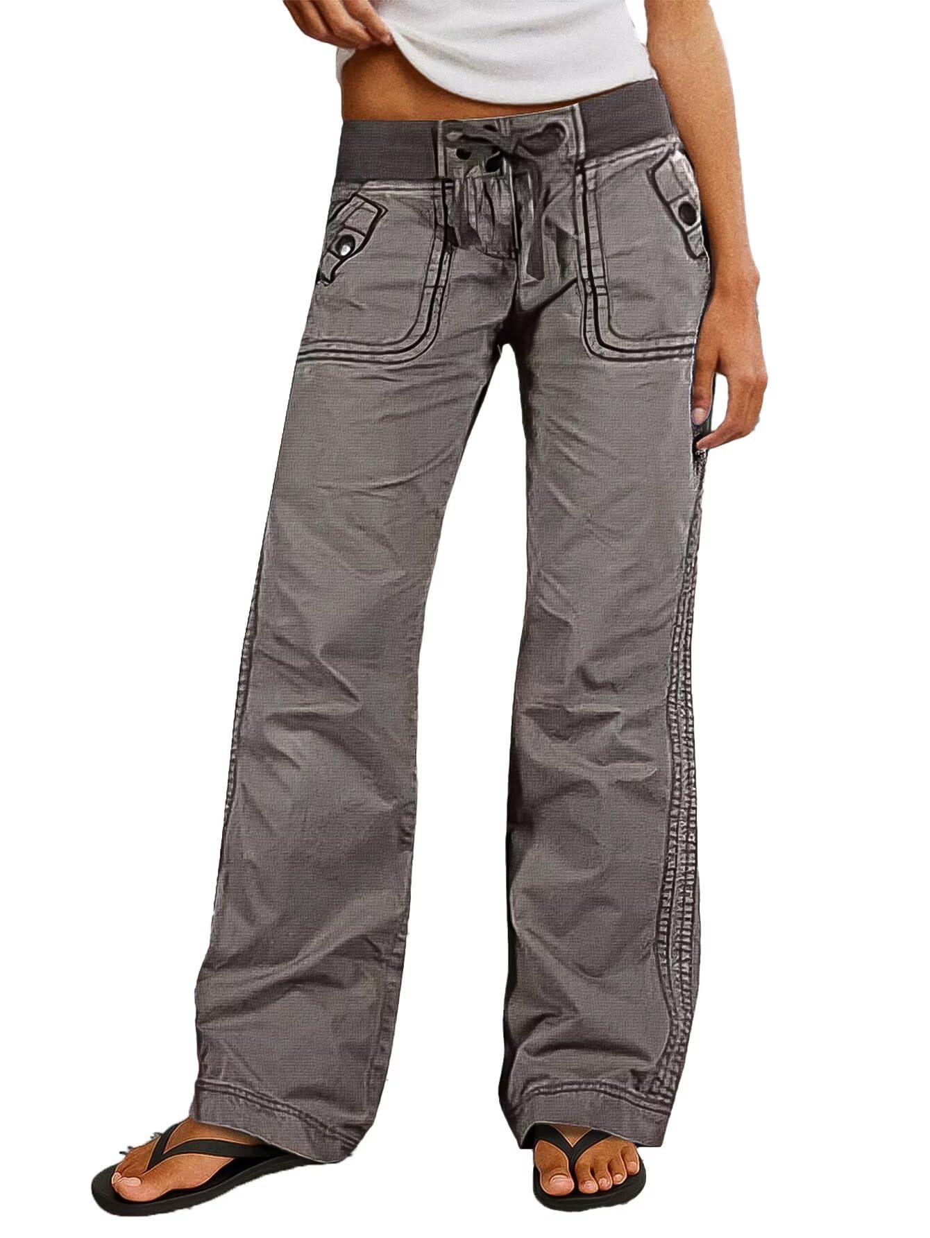 Flamingals Straight Leg Pants for Women Drawstring Waist Mid Rise Casual Solid Seam Detail Pants