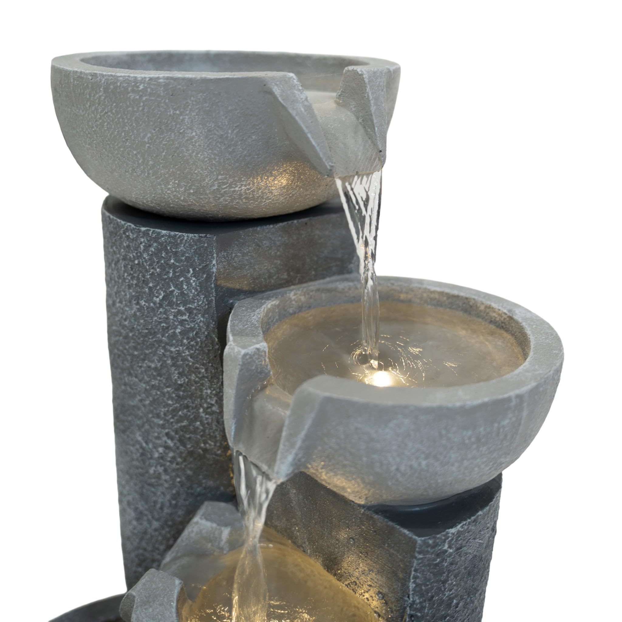 Kaskadierende Outdoor-Wasseranlage – Elektrischer Gartenbrunnen in Grau – 3 warmweiße LED-Leuchten – Netzbetriebene Pumpe – Deko für Garten & Zuhause – Tranquil Tiers – Reinigungsbürste