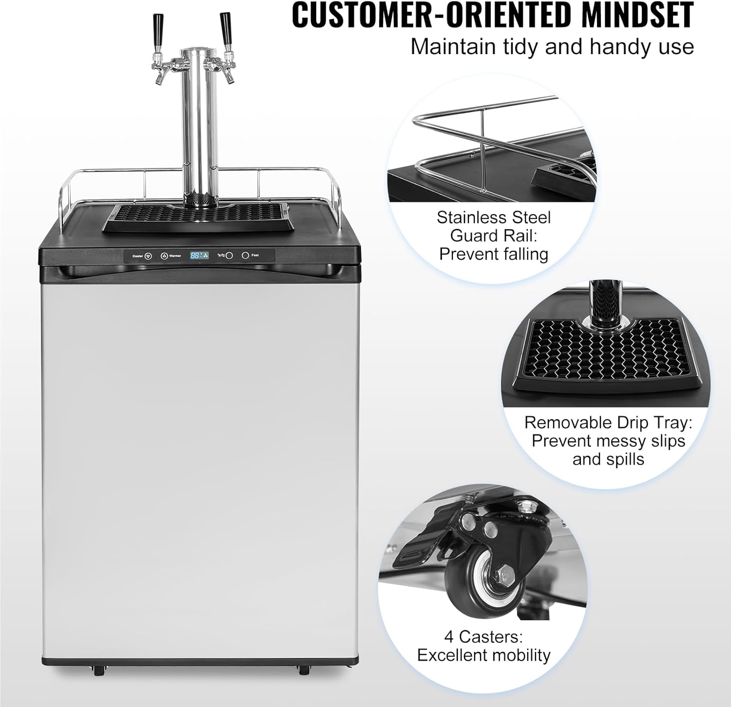 Happybuy Beer Kegerator, 162L Dual Tap Draft Beer Dispenser, Full Size Keg Refrigerator with CO2 Tank, Drip Tray, Temperature Control, Silver