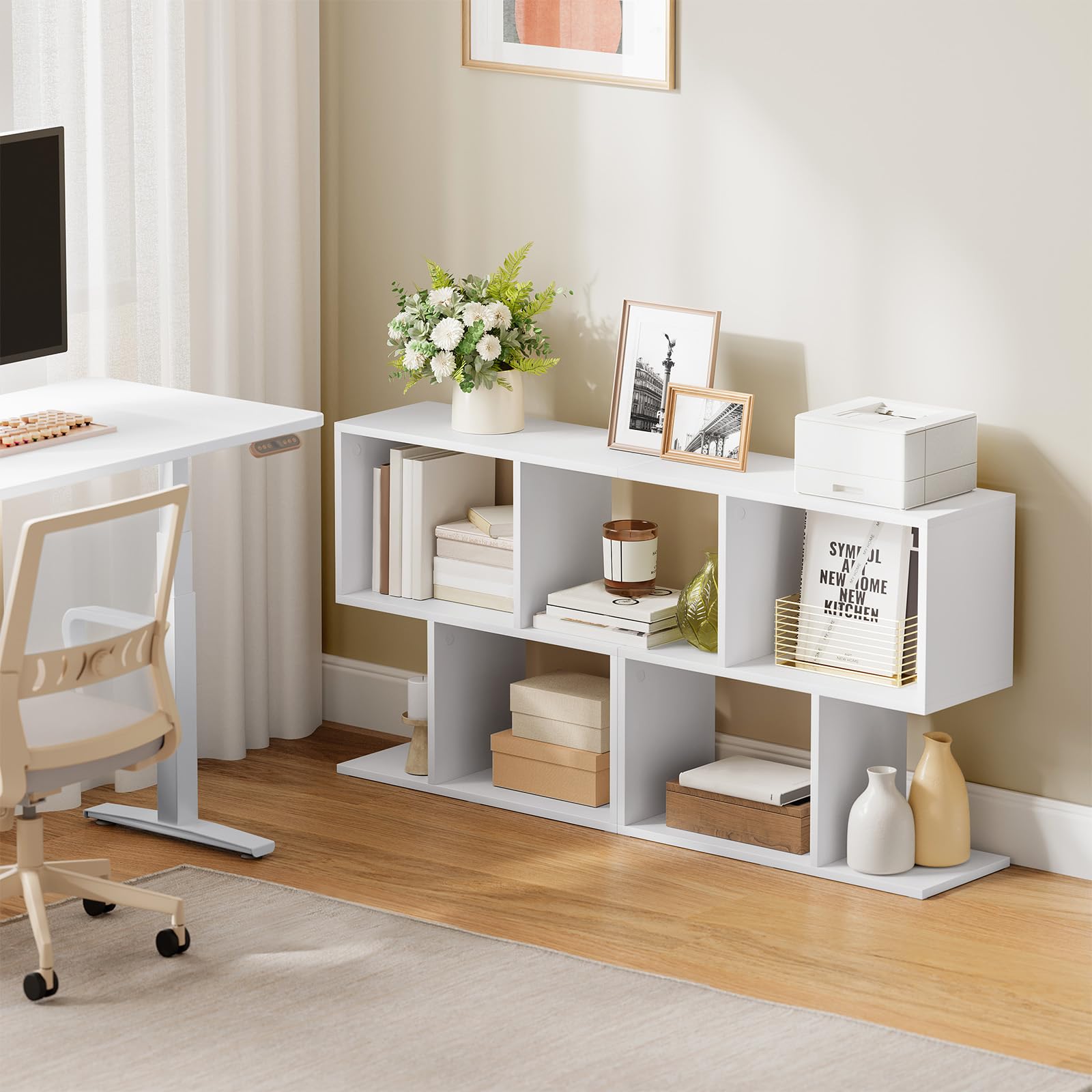eSituro Tavolino Salotto a Forma di S, Tavolino Laterale da Divano Moderno, per Soggiorno, Balcone, Studio, Camera da Letto, con 1 Ripiano Superiore e 4 Scomparti, Bianco