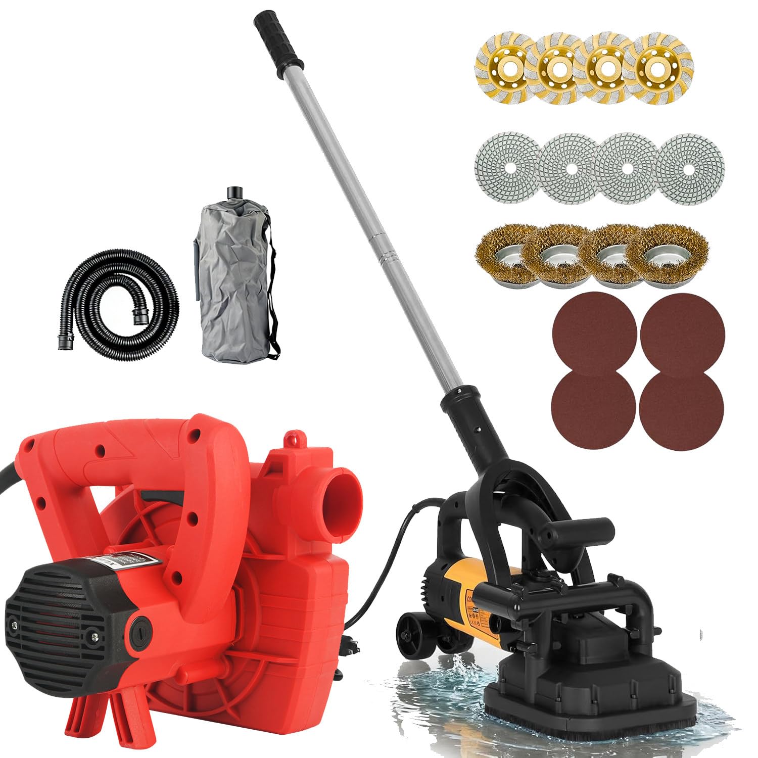 CelyToe Concrete Planer, 4-Head Wet Dry Floor Grinder, 3800W High Torque Polisher, 4-section Extension Rods，6-Speed Setting for Construction & Flooring Repair 220V-W/vacuumcleaner