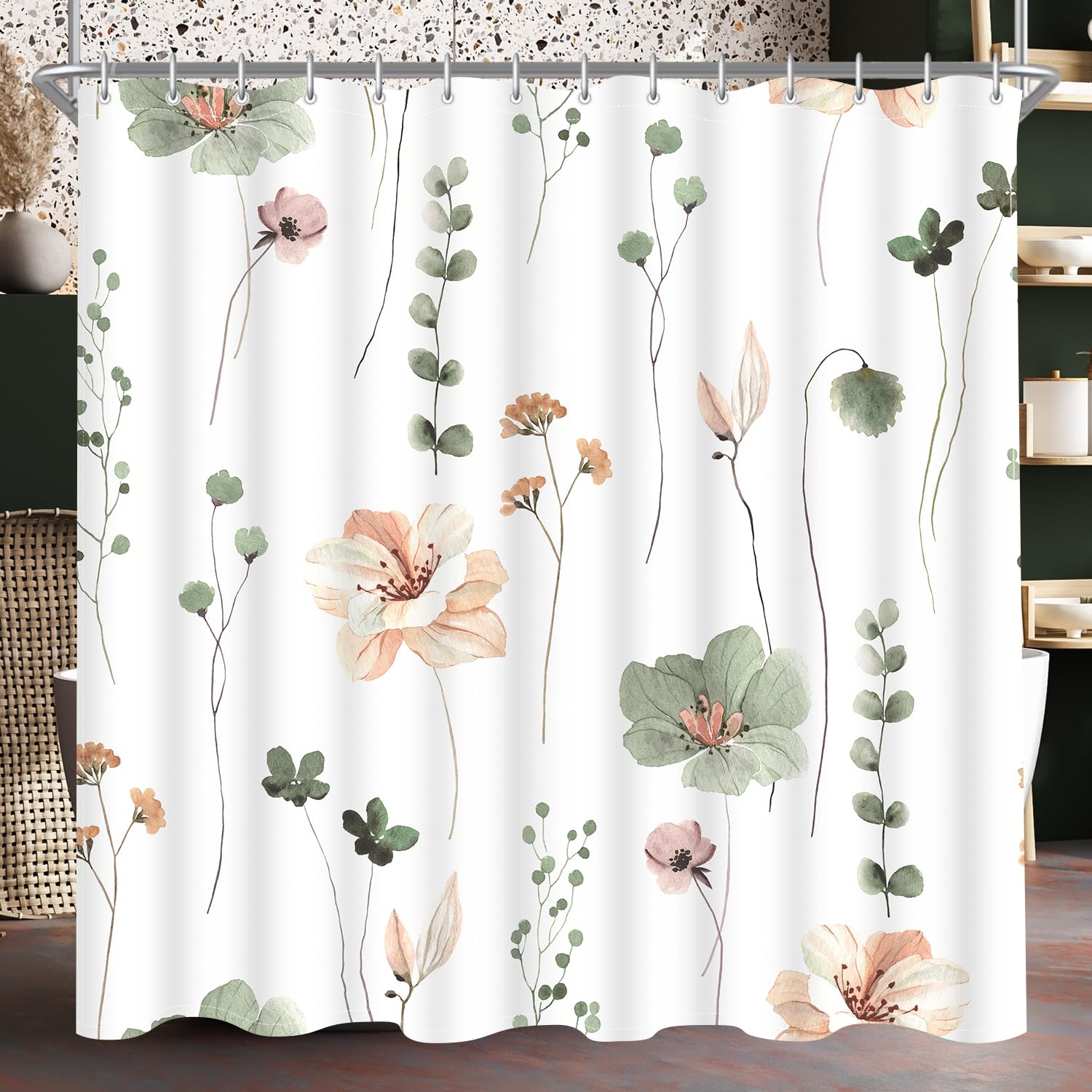 Lerores Shower Curtain, 240 x 200 cm, Sage Green Flower, Weighted Hem, Anti-Mould, Water-Repellent