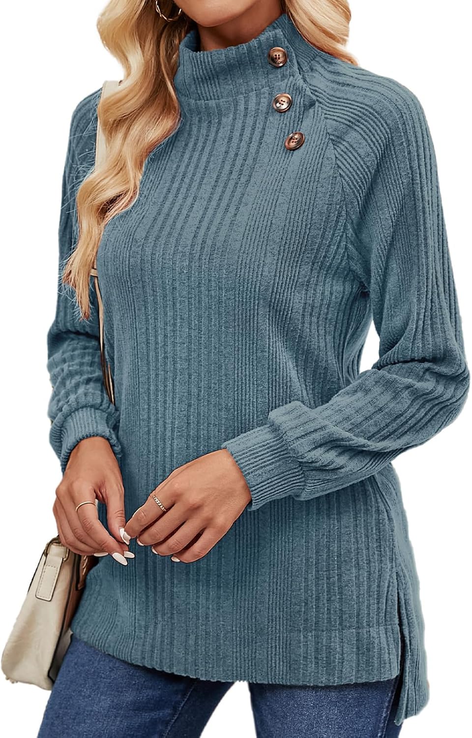 LURANEE Womens Long Sleeve Tunic Tops Turtle Neck Sweater Light High Low Side Split Sweatshirt