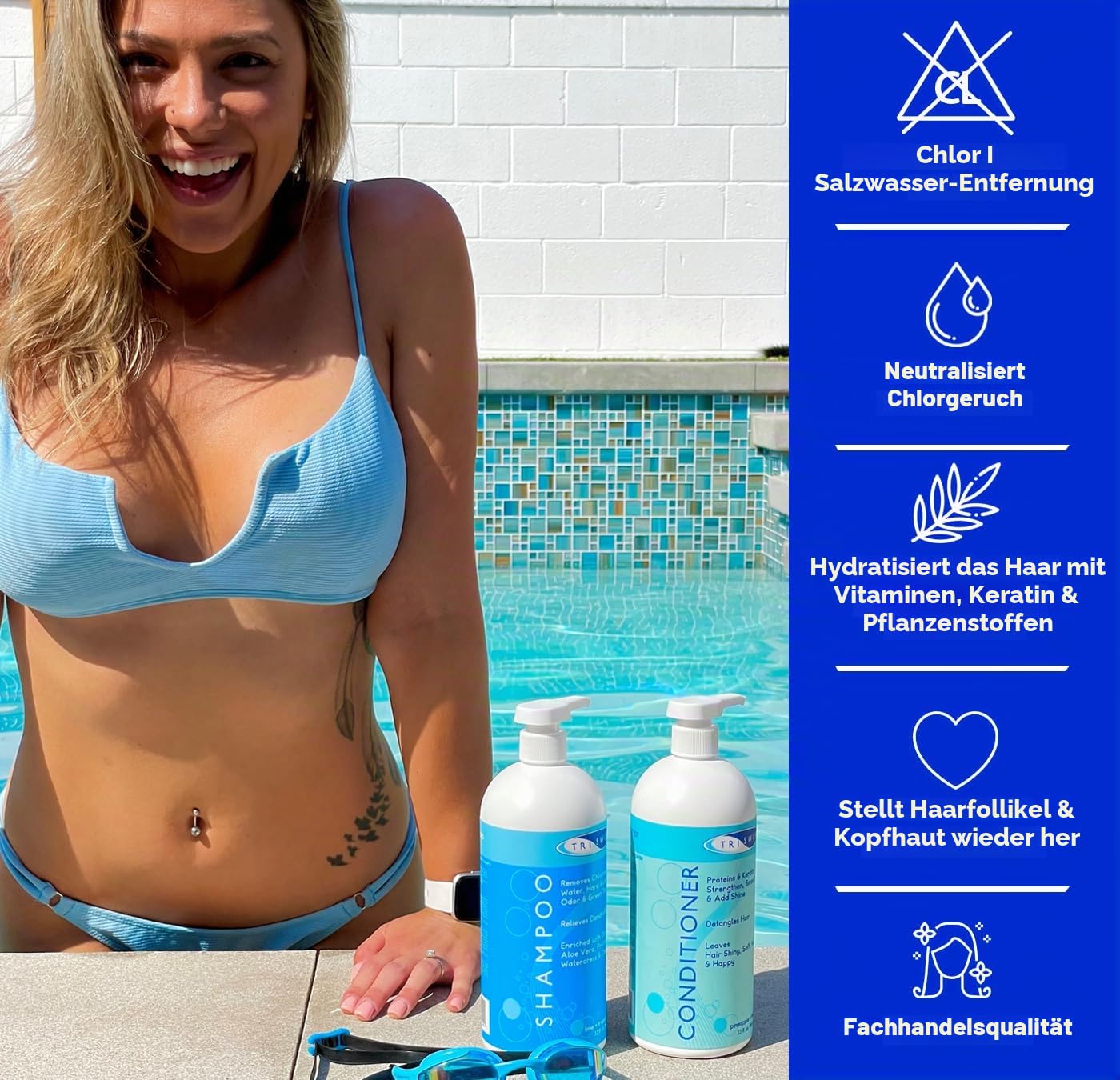 TRISWIM Chlorentfernendes Shampoo nach dem Schwimmen | Entfernt Chlor, Salz und Poolchemikalien | Für sauberes, gepflegtes Haar | Mit Aloe Vera | Limetten-Mango-Duft, 946 ml