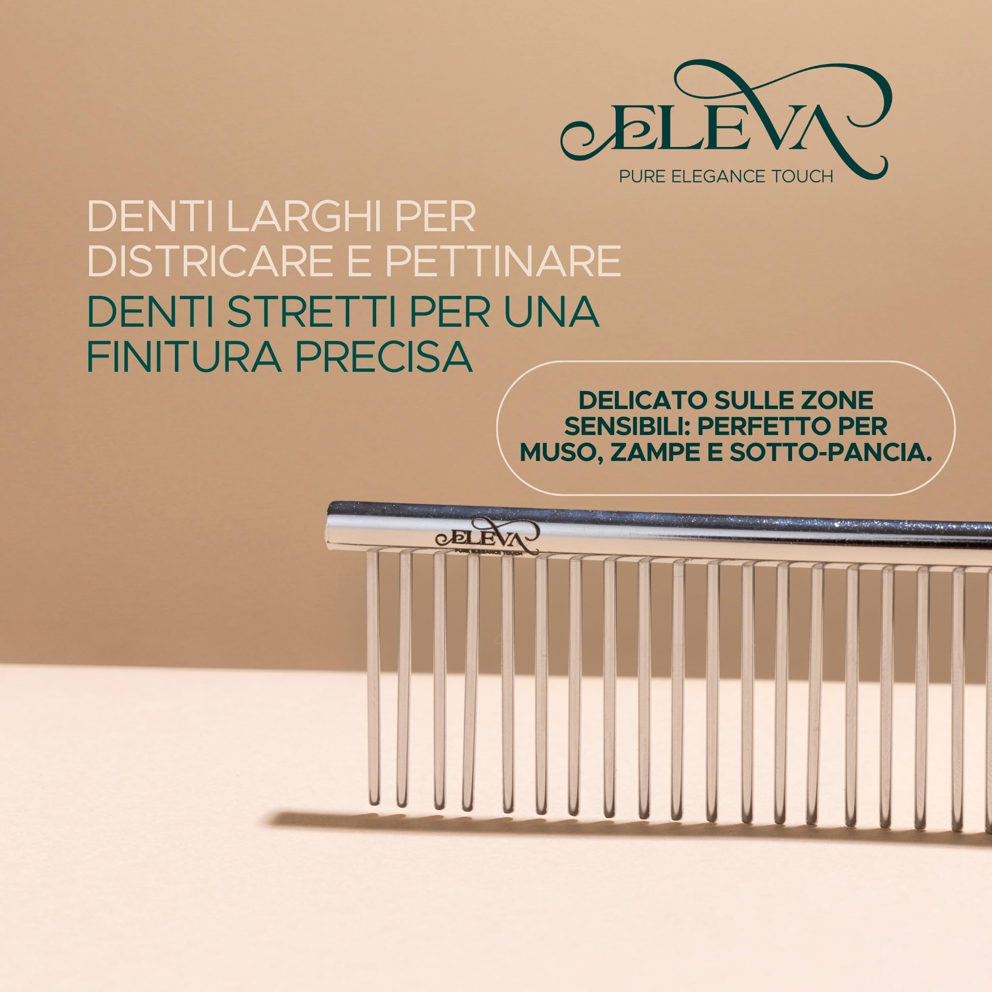 ELEVA PET - Pettine per Cani in Acciaio - Denti Larghi e Stretti - Toelettatura Professionale - Rimuove Nodi e Residui - Ideale per Pelo Lungo e Corto - Mantiene il Manto Pulito e Sano - Made in Italy