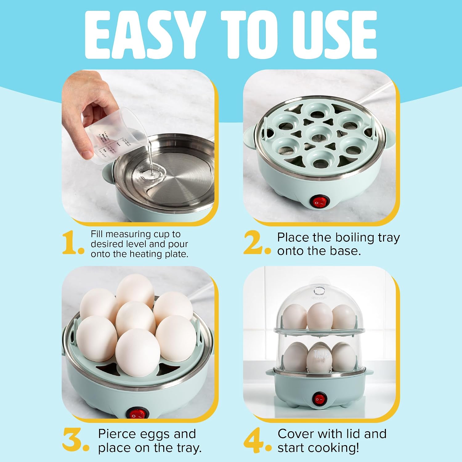 Tasty 2-Tier Electric Egg Cooker, Hard Boiled Egg Cooker, Poacher, Omelet Maker with Auto Shut-Off, Stainless Steel Heating Plate, 14-Egg Capacity, Aqua
