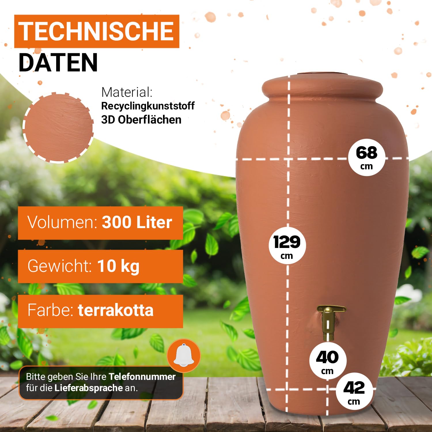 GARANTIA Amphore Regentonne Komplett-Set 300 Liter terrakotta | inkl. Kunststoff-Auslaufhahn und Fallrohranschluss, Regentonne 300 Liter, Regenfass, Wassertank, Wassertonnen für Garten