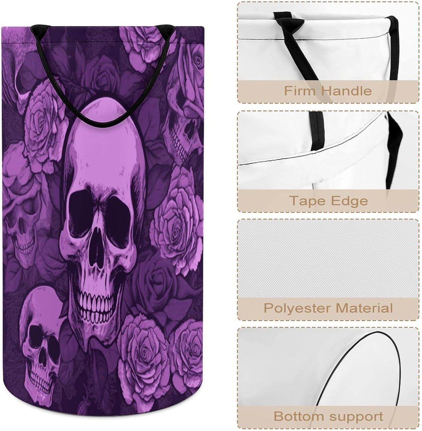 Purple Skulls And RosesLaundry Hamper - Large Dirty Clothes Bag.Storage Basket for Easy Carry Handles. Large Clothes Basket with Handles, Clothing Storage Bucket Toy Organizer for Bathroom Bedroom Do