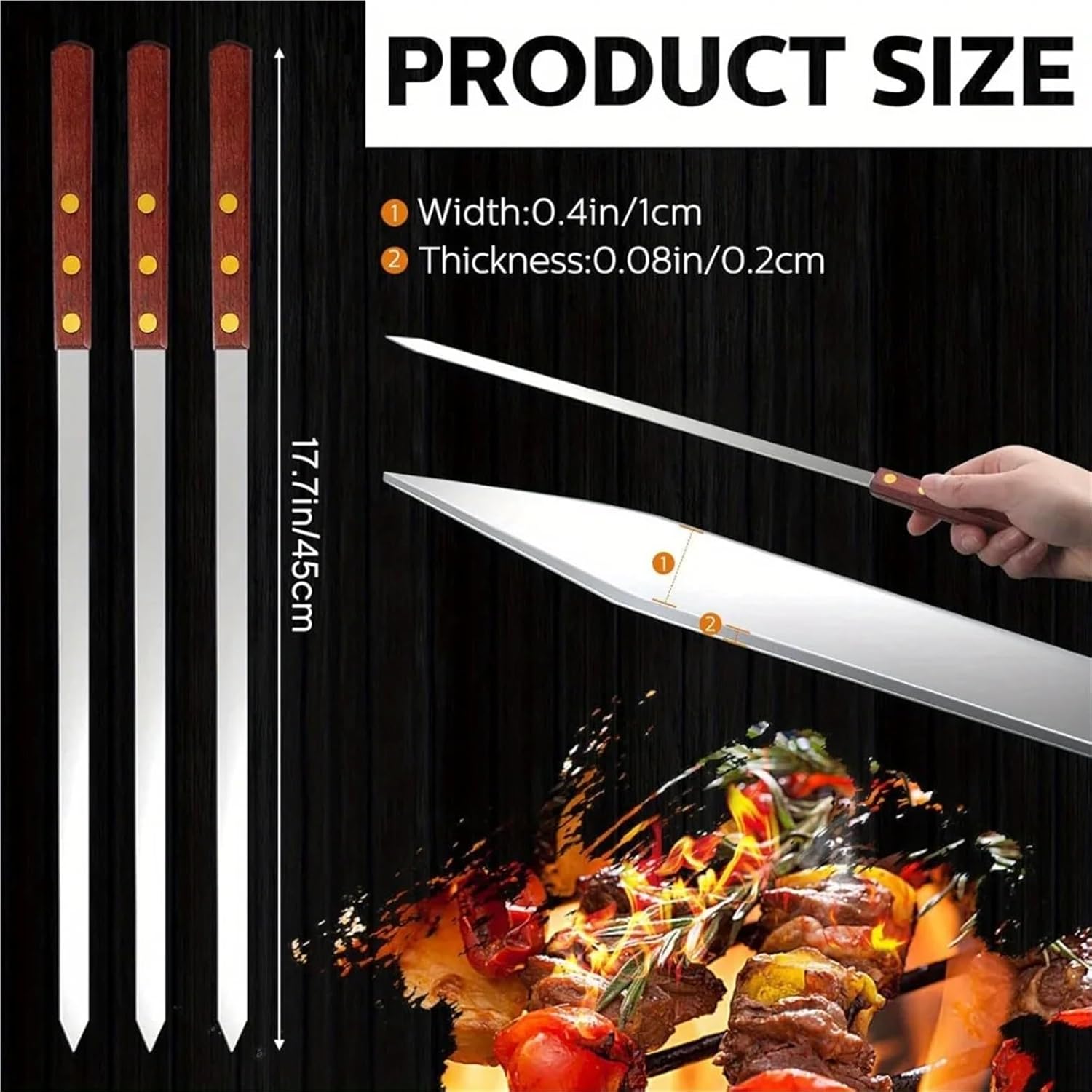 10PCS Stainless Steel Skewers Reusable Thicken Barbecue Sticks Wooden Handle Perfect Outdoor BBQ Vegetables Beef Tools