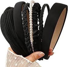 7 Pieces Hair Band for Women, Non-Slip Comfortable Padded Headband with Floral and Pearl Designs, Retro Modern Style for Women and Girls (Black, Free Size)