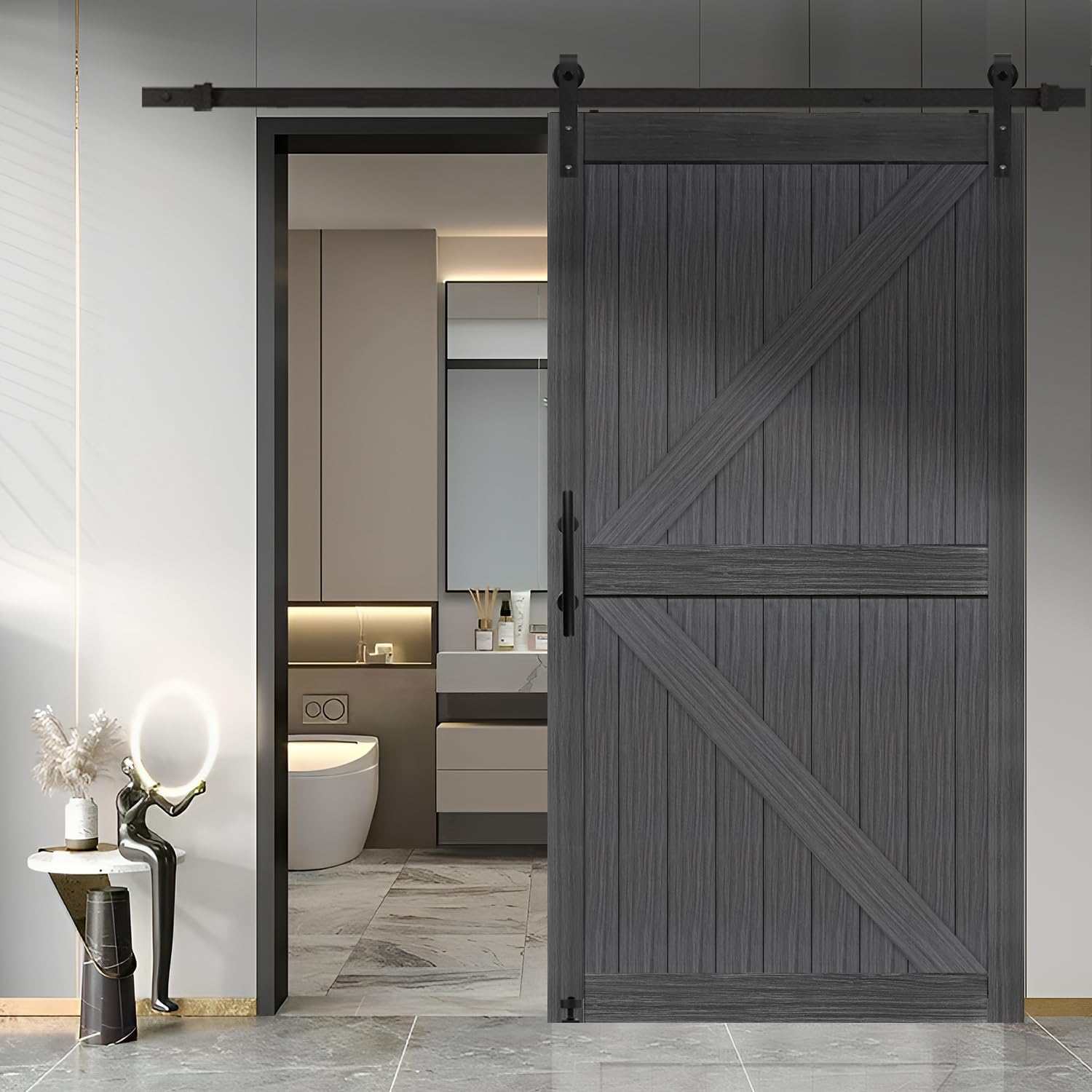 S&Z TOPHAND® 46 in x 84 in MDF Deep Gray British Brace Knotty Barn Door with 8FT Sliding Door Hardware Kit/Double -Sided Door Handle/Sliding Door/Double Surfaces/Simple Assembly is Required