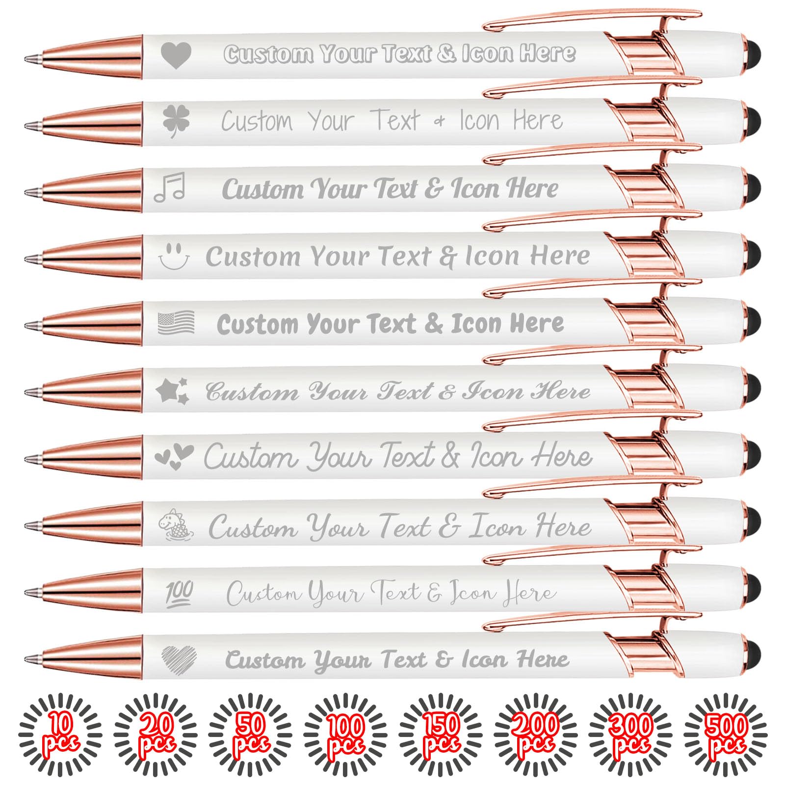 Up to 500 pcs Personalized Pens Custom Pens Bulk Engraved Business Name Text Logo, Customized Promotional Items Black Ink Stylus Pen, Gift for Anniversaries, Graduation, Birthdays, Wedding-White