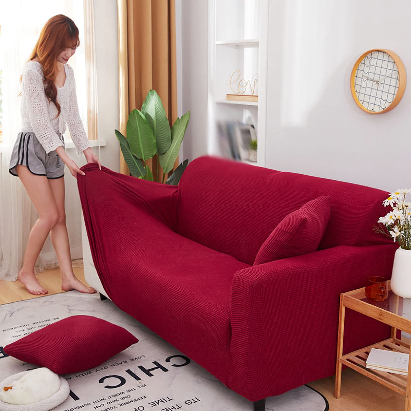 Amazon｜ソファーカバー 2人掛け 肘あり おしゃれ ストレッチ レッド