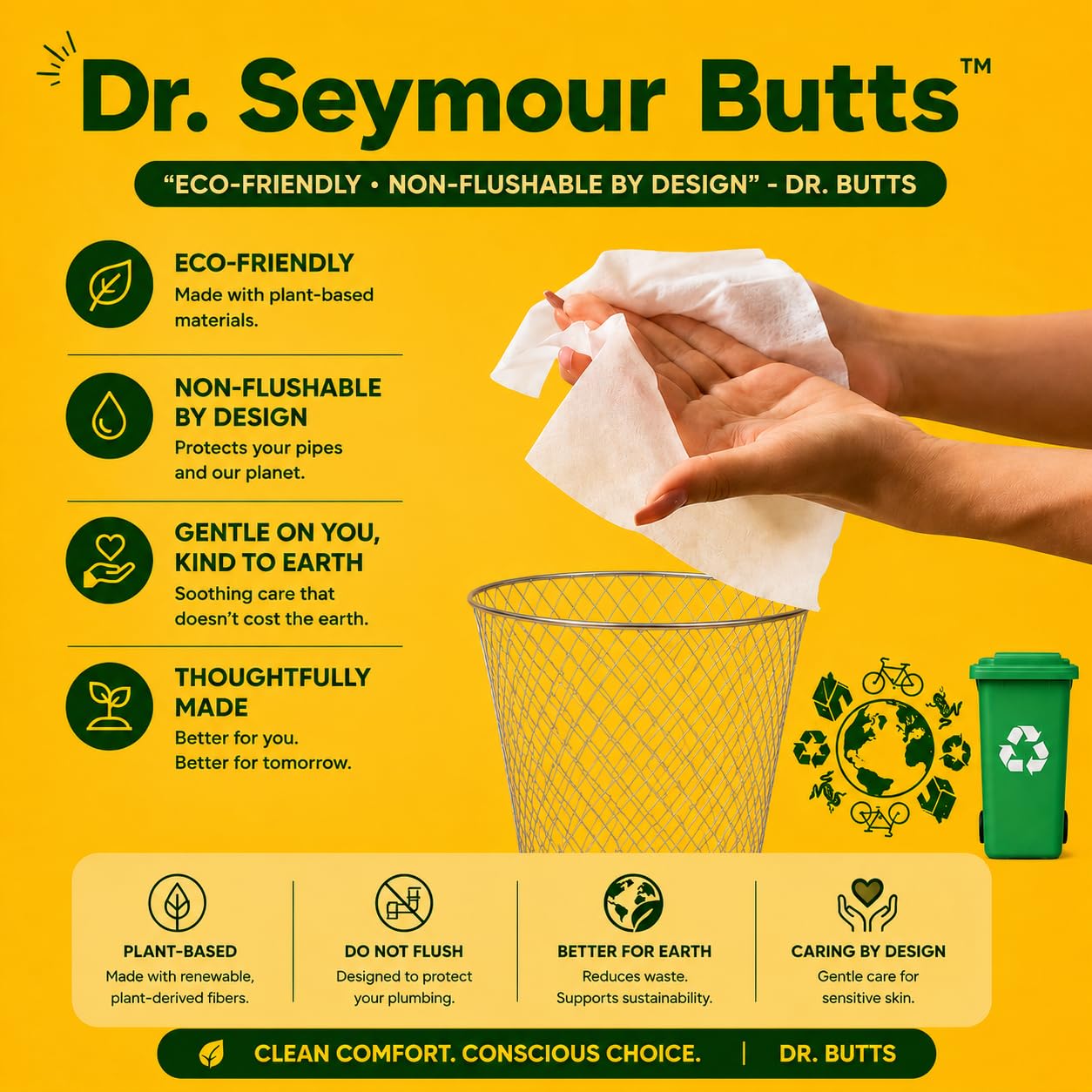 Dr. Seymour Butts Salviette per emorroidi, confezione da 3 (45 pezzi ciascuna), senza alcool, amamelide 45% + estratti botanici (alone, calendula, camomilla) - Salviette detergenti delicate per