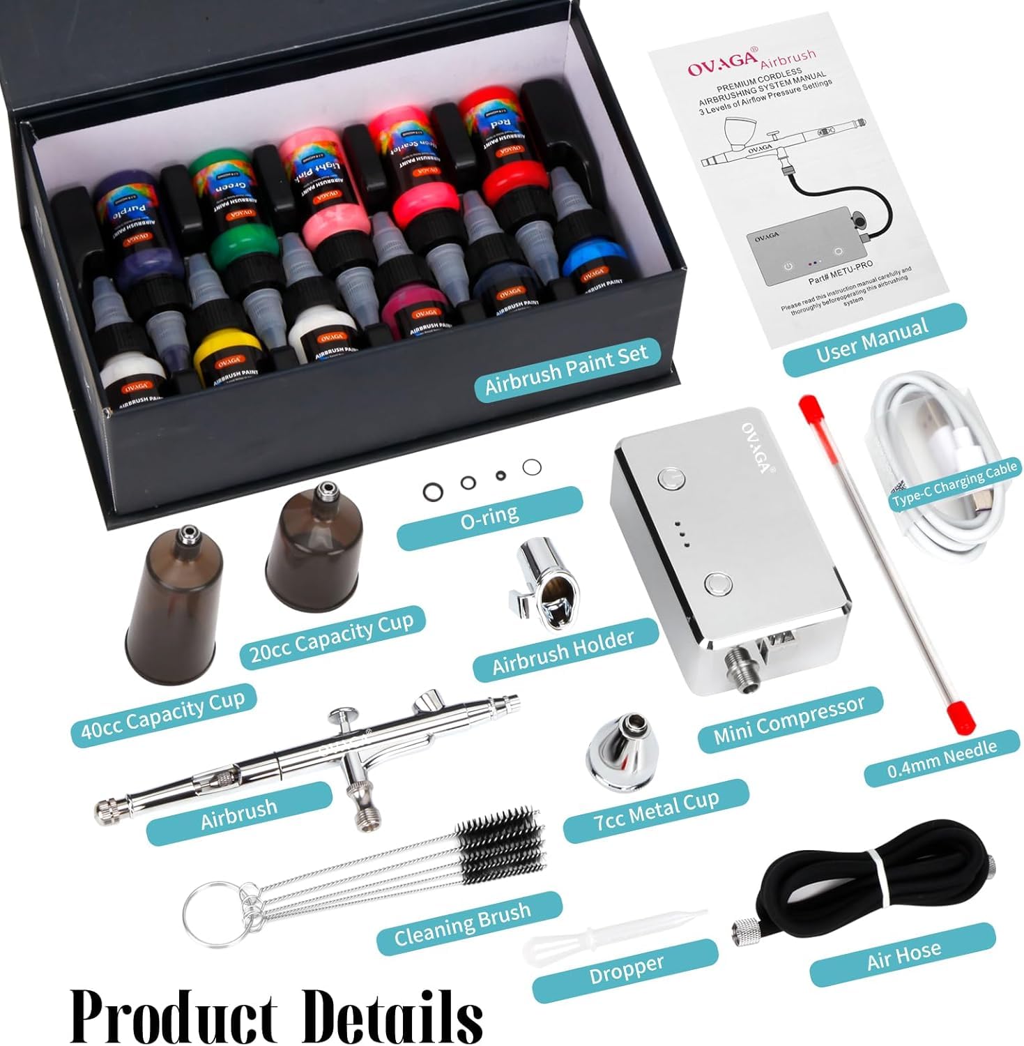 32PSI Airbrush-Kit mit Kompressor, wiederaufladbares Dual Action-Airbrush-Set, portabel, inklusive Airbrush-Farbenset mit 11 Farben für Malerei, Make-up, Modellbemalung, Nageldesign, Silber