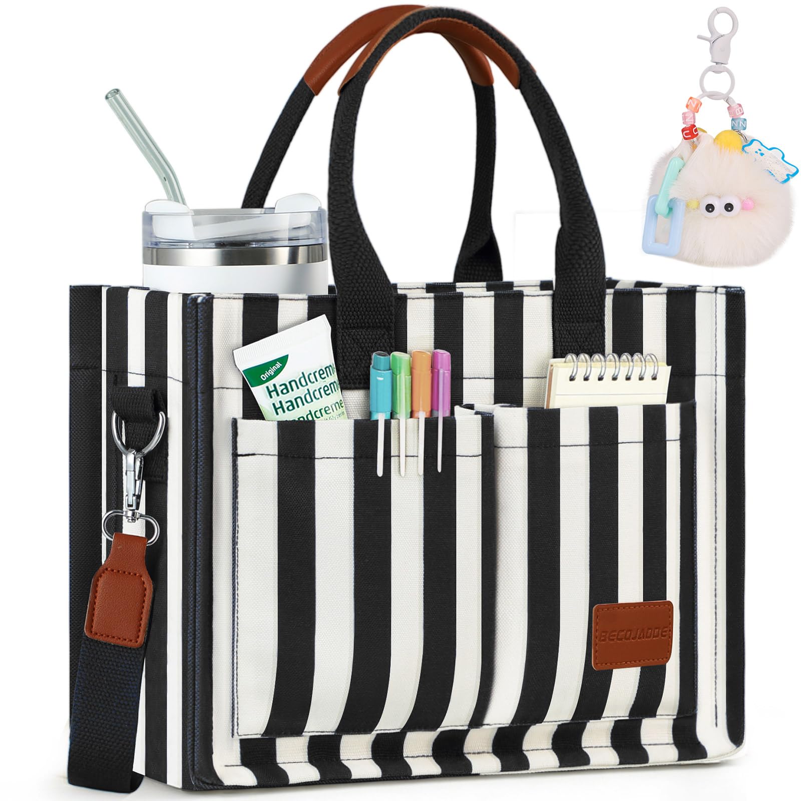BECOJADDE Structured Canvas Tote Bag for Women, Multi-Compartment Zippered Purse for Work Bible Travel Medium Stripe Black