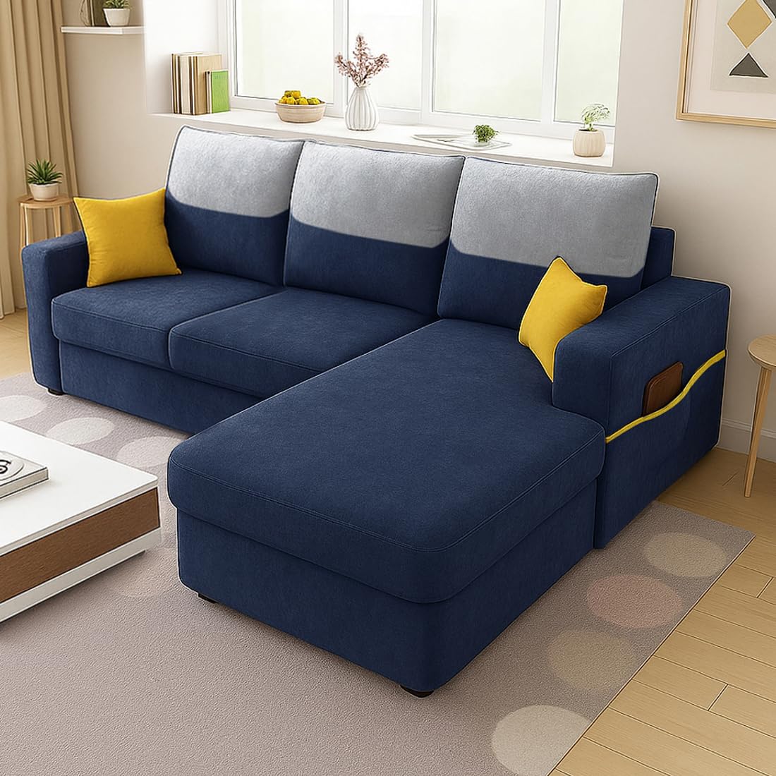 FURNY Tokyo 4 Seater Fabric RHS L Shape Sofa Set (Blue) | Premium Velvet Finish | Ideal of Living Room FURNY Tokyo 4 Seater Fabric RHS L Shape Sofa Set (Blue) | Premium Velvet Finish | Ideal of Living Room