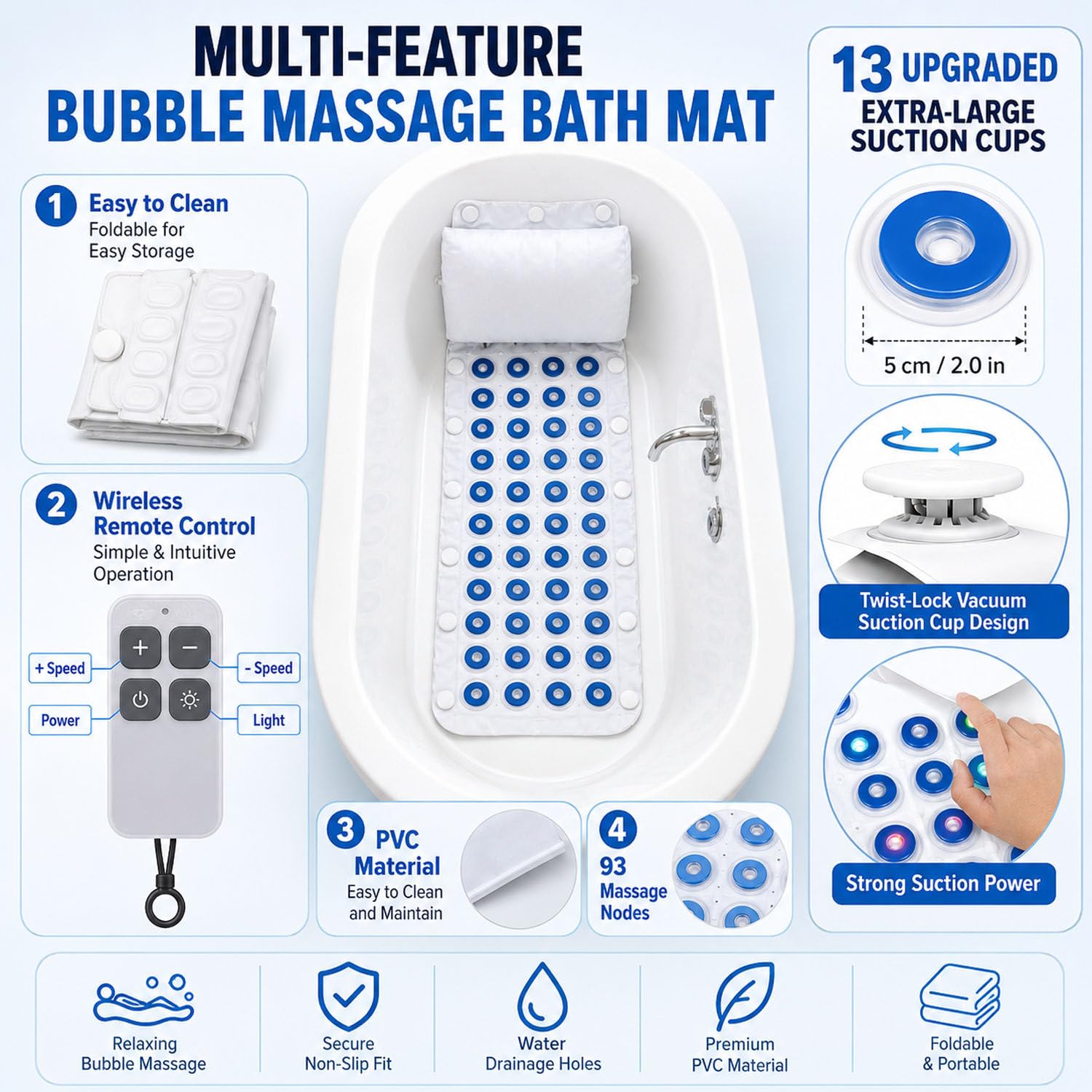 DowPie Farbwechsel LED Blasenmatte für Badewanne, Heim Spa Zubehör 110v | Aufblasbares Nackenkissen, rutschfeste Saugnäpfe, flexibles wasserdichtes PVC – leicht reinigen und schnell trocknen